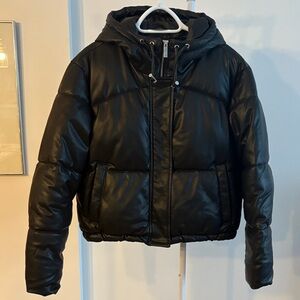 Black faux leather Puffer Jacket with Hood